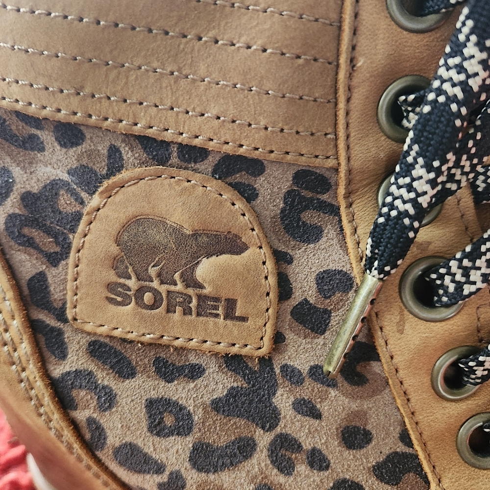 SOREL Women's Lexie Brown Leather Platform Wedge Leopard Print Booties Size 7 - Picture 2 of 16